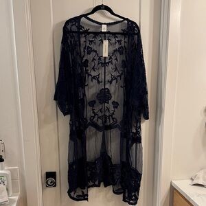 Francesca's Collections Navy Sheer Embroidered Kimono